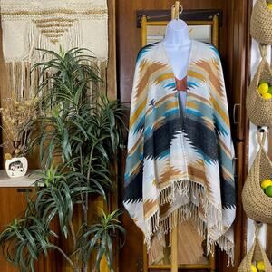 Southwestern Fringe Poncho Shawl Wrap O/S Aztec Western Boho Festival Layer Teal